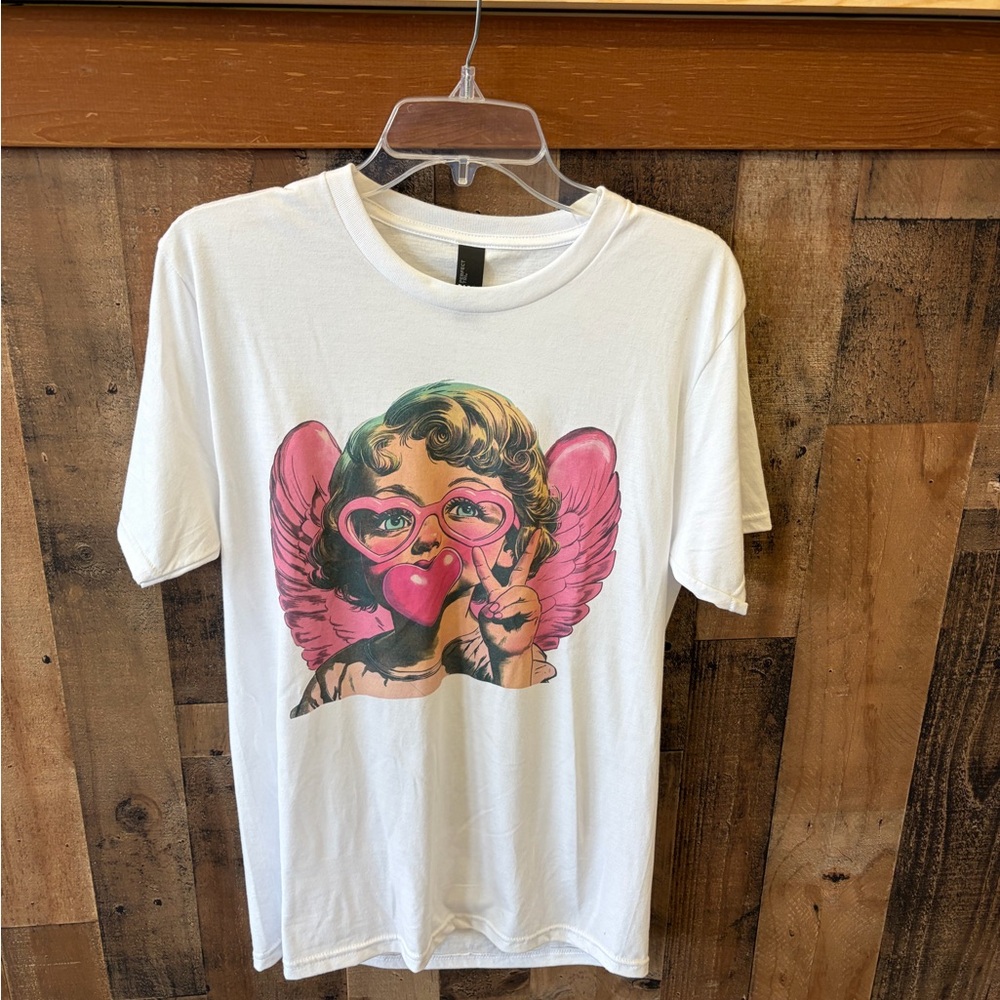 White Graphic Tee with Pink Accents